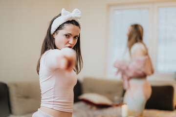 A cheerful interaction between two women in a relaxed home setting, featuring lighthearted emotions and a warm atmosphere. The scene captures joy, playfulness, and the comfort of domestic life.