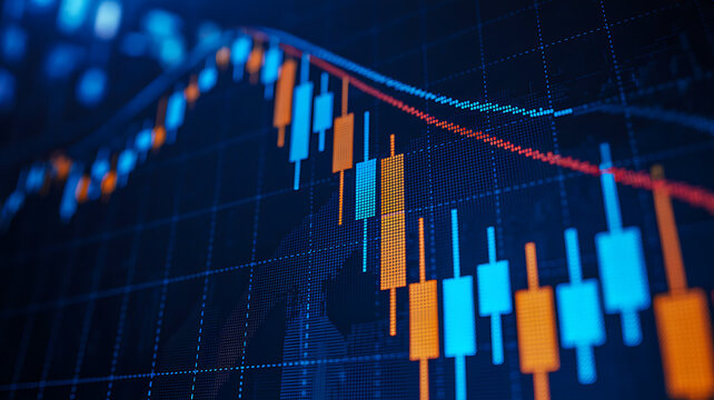Close-up macro shot of a financial candlestick chart displaying data fluctuation and movement with orange and blue bars against a dark blue background for stock trading or cryptocurrency exchange.