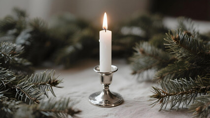 A single lit white taper candle in a simple silver holder, surrounded by pine needles