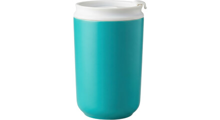 Isolated teal travel mug with a white lid ideal for hot beverages, reusable drinkware