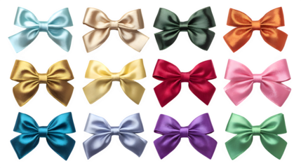 Collection of glossy ribbon bows in assorted colors arranged neatly isolated on white background