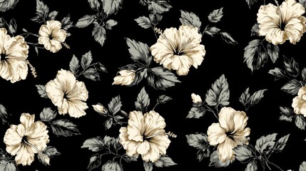 Seamless repeating pattern featuring large pale tropical blossoms and dark foliage on a black background