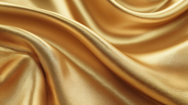 Luxurious golden silk fabric, with elegant folds and textures, showcasing a smooth and shimmering surface