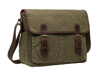 Isolated olive green canvas messenger bag with brown leather accents for casual style