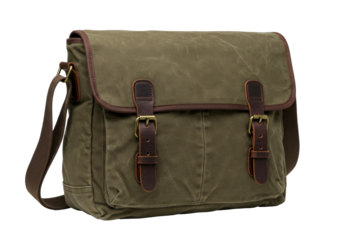 Isolated olive green canvas messenger bag with brown leather accents for casual style