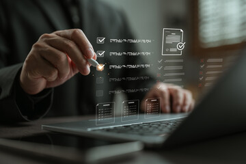 Online assessment and survey concept showing digital checklist, quiz, and form completion,...