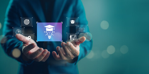 Concept of online education and digital learning with graduation cap and knowledge icons, representing e-learning platforms, training systems, virtual classrooms, and innovative education technology.