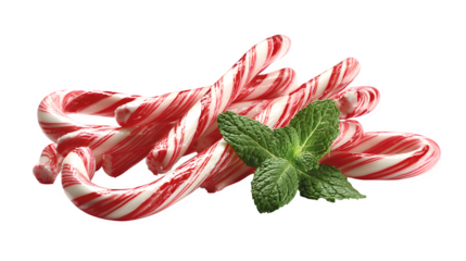 Collection of candy canes and peppermint sweets arranged playfully isolated on white background