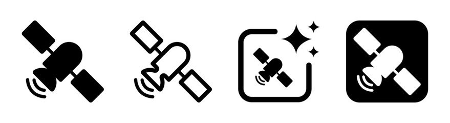 Modern satellite icon illustration representing data transfer and communication technology in space, ideal for information networks in transparent black vector PNG design