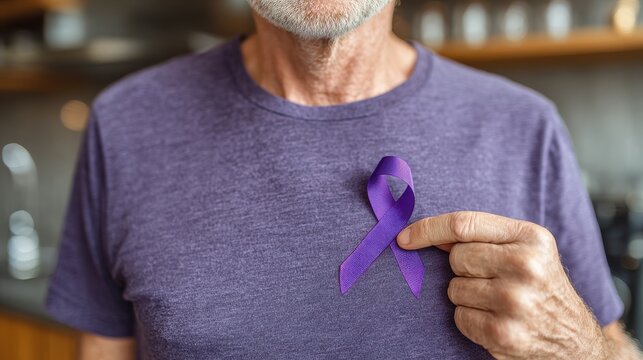 Man with purple ribbon on T shirt for Alzheimer s pancreatic cancer and epilepsy awareness
