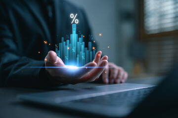 Businessman holding digital bar chart with percent icons, symbolizing big data analytics, financial forecasting, interest rate trends, and maximizing profit through smart investment strategies.