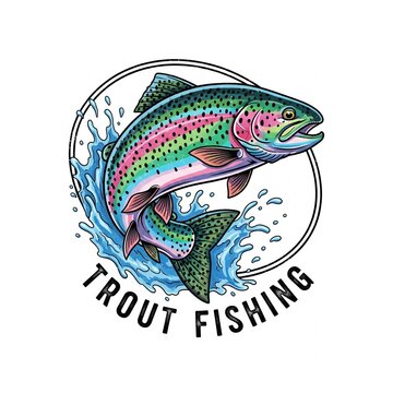 Rainbow Trout as a logo print design on various media such as t-shirts, mugs, hats, tote bags, etc. for various events related to fishing hobbies, vintage cartoon flat design illustrations
