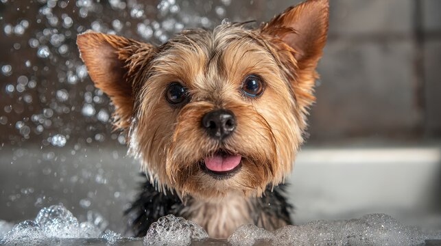 A Yorkshire Terrier relishes a bath with water splashing emphasizing the joyous grooming experience
