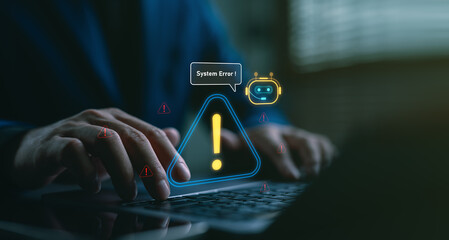 System error concept with warning icons and chatbot, showing user encountering AI or software malfunction. Ideal for illustrating technical issues, bugs, cybersecurity, or digital troubleshooting.