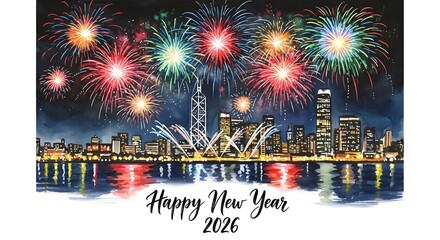 Vibrant fireworks illuminate city skyline for New Year celebration