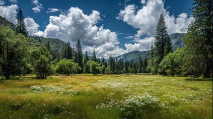 A lively green field of wildflowers is encircled by tall trees under a partly cloudy sky embodying nature s serene allure that enchants the wandering spirit