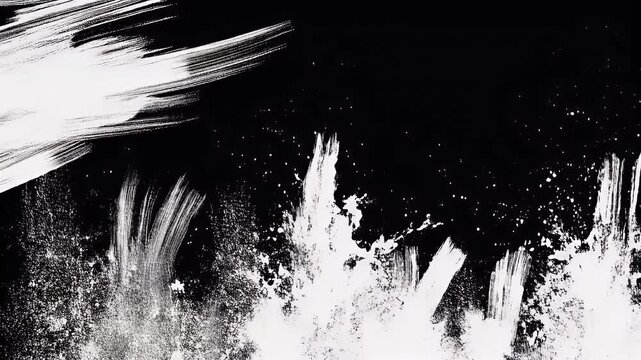 Dynamic white brush strokes and paint splatters create an abstract texture against a solid black background.