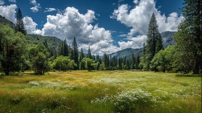 A lively green field of wildflowers is encircled by tall trees under a partly cloudy sky embodying nature s serene allure that enchants the wandering spirit