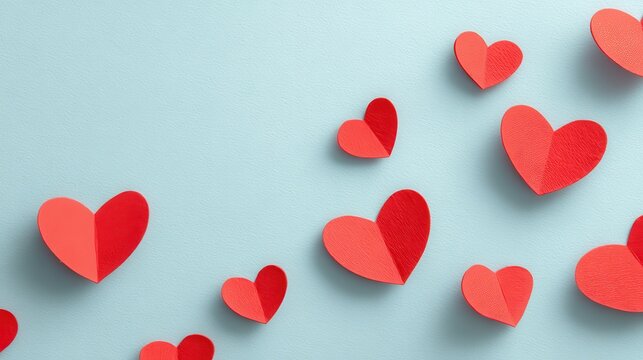 Scattered red hearts on a pale blue backdrop representing love and Valentine s Day in a simple playful manner