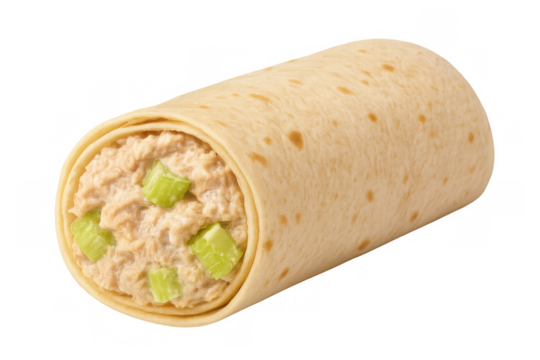 Tuna salad wrap with chopped celery filling, healthy lunch or quick snack, fresh ingredients on transparent background