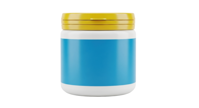 Isolated container, pill storage with yellow top, white body, blue label area for advertising