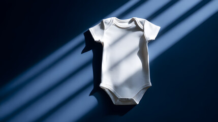 White Baby Onesie on Blue Background with Sunlight – Minimal Infant Clothing and Modern Nursery Concept