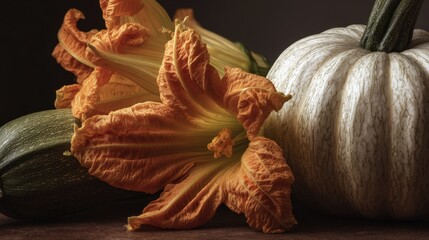 macro shot of zucchini and pumpkin flower still life © VolumeThings