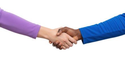 Isolated handshake of two people with different skin tones in studio, diverse partnership