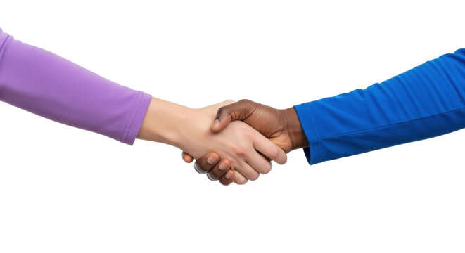 Isolated handshake of two people with different skin tones in studio, diverse partnership