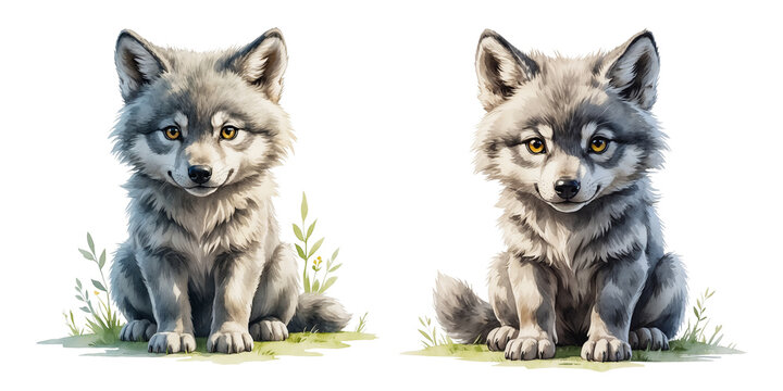 Cute watercolor wolf cubs sitting on transparent background. Watercolor Illustration for Nursery and Storybook Projects on White Background. Wolf isolated on white.