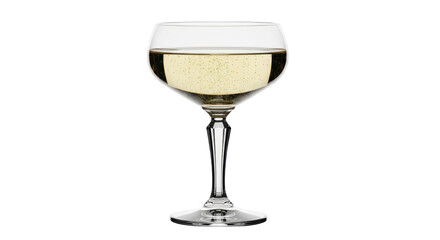 Isolated glass of sparkling wine is filled with bubbles and a golden liquid color inside
