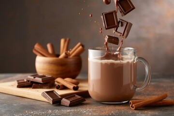 Pieces of bitter chocolate fall in glass mug with cocoa drink creating beautiful splashes. Cup of hot chocolate and pieces of chocolat