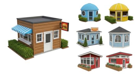 Isolated food booths in assorted shapes and sizes offer food and refreshments outdoors