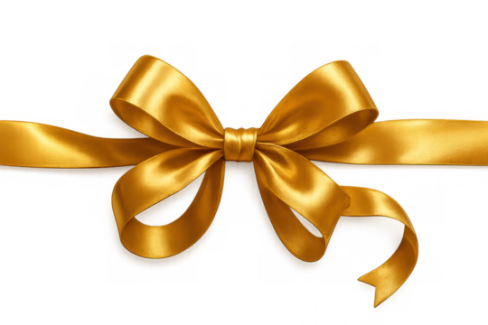 Gold ribbon bow creating a luxurious gift decoration, shiny satin element on a transparent background