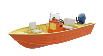 Isolated open motorboat with seating, console, and outboard engine for water recreation