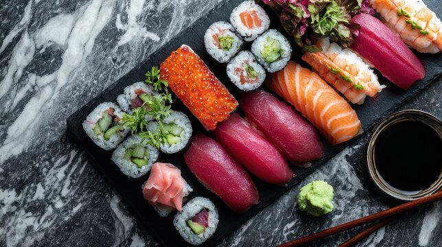 Detailed view of vibrant sushi assortment Classic maki and nigiri served with wasabi and ginger on a marble backdrop
