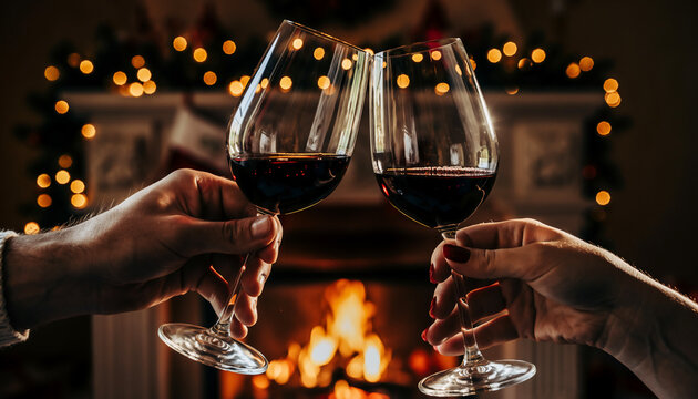 Two Wine Glasses Toasting by Fireplace — Warm Christmas Night with Holiday Lights