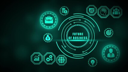 Futuristic digital interface with glowing teal icons and text Future of Business on a dark teal background - Powered by Adobe