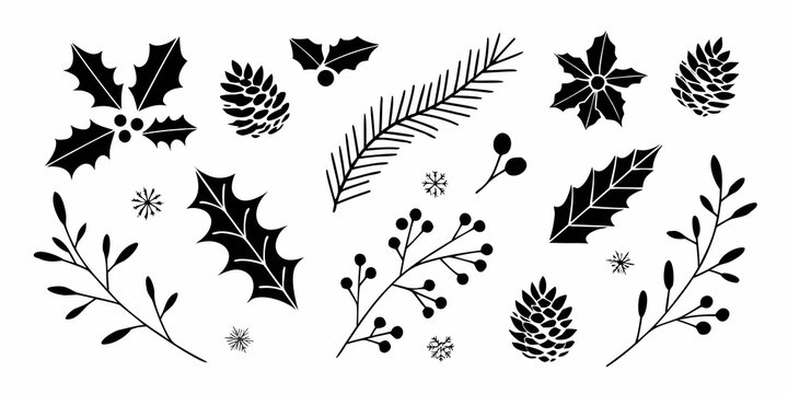 Collection of hand drawn black silhouette christmas elements including holly berries pine cones pine branches and snowflakes