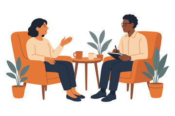 Two people sitting in armchairs having conversation with notebook and coffee cups in calm office interior, flat vector illustration