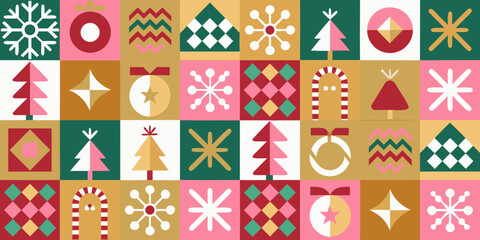 Festive geometric christmas pattern with snowflakes trees ornaments and candy canes
