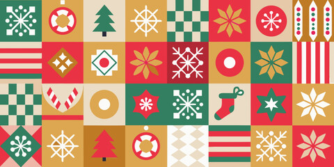 Retro christmas geometric pattern with festive icons and warm color palette