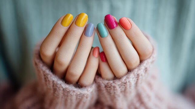 A young woman s hands showcase a stylish colorful nail design against a light backdrop