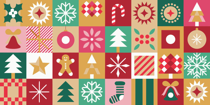 Retro christmas pattern with festive icons and geometric shapes in a muted color palette