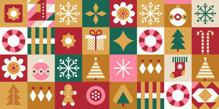 Retro mid century modern christmas pattern with festive icons and geometric shapes