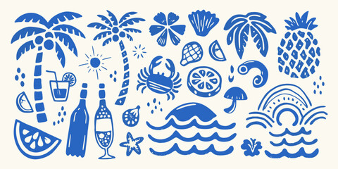 Collection of blue summer vacation icons and symbols on a cream background