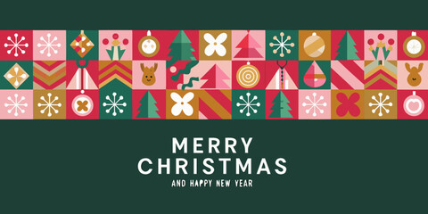 Merry christmas and happy new year greeting card with festive geometric pattern and holiday icons