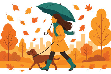 Woman walking with dog in autumn park holding umbrella and wearing coat and scarf with falling leaves and city background flat vector illustration