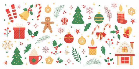 Festive christmas icons and ornaments scattered across a white background