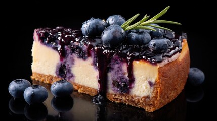 Luxurious blueberry cheesecake on an alluring dark backdrop a must for dessert lovers and food photographers
